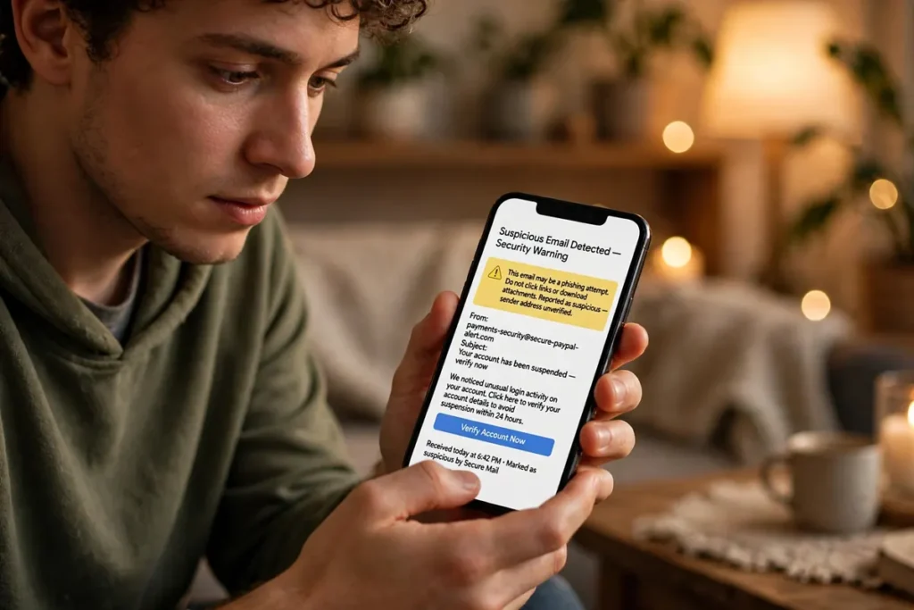 Checking a suspicious email on a phone