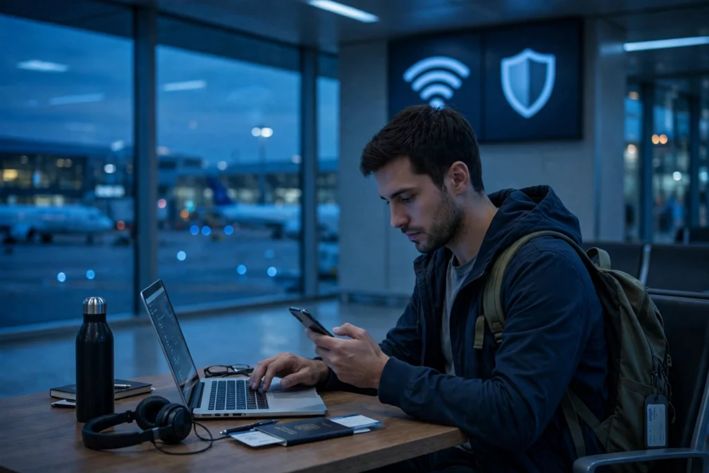 Traveller using a phone and laptop at an airport